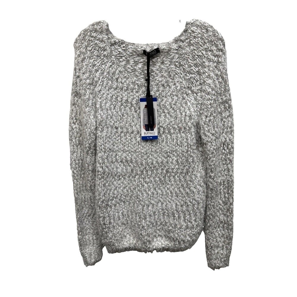 Buffalo David Bitton Women Soft Eyelash Sweater White Grey Stretch L Chunky